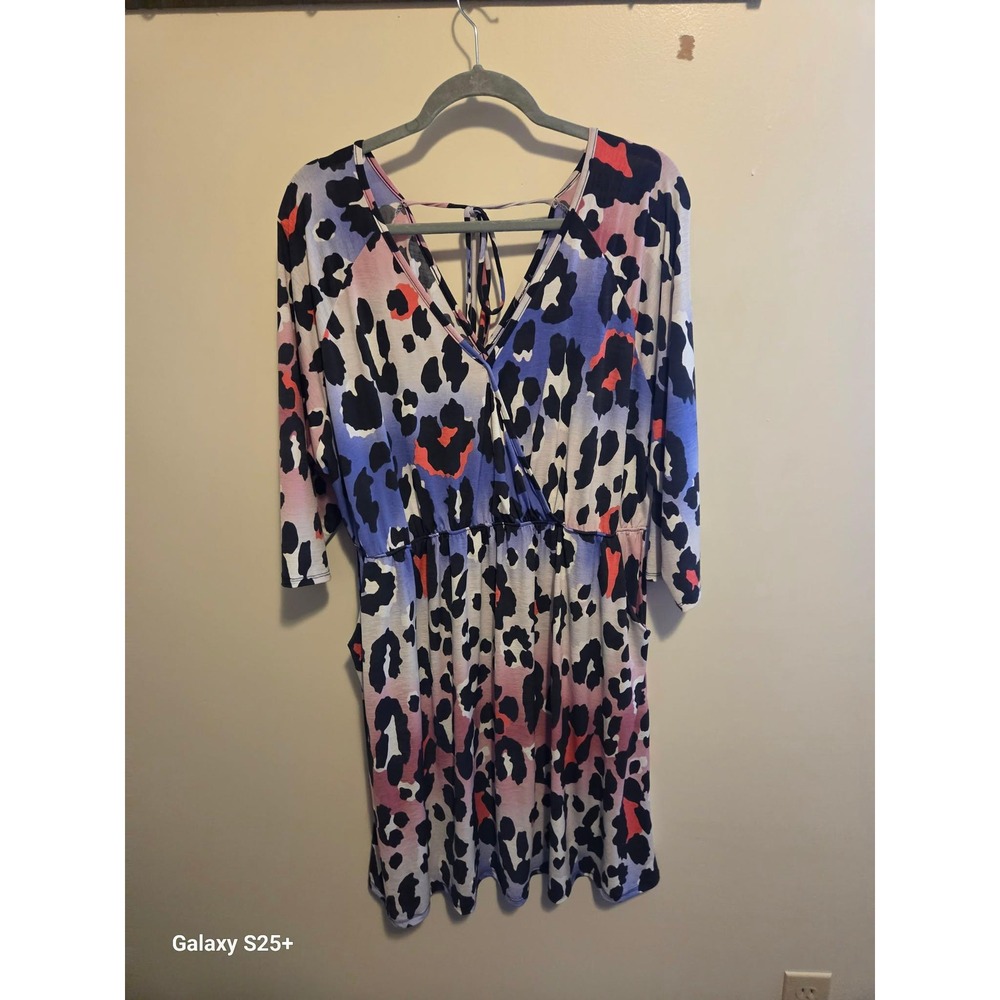Animal Print Dress Womens Purple Pink Orange Excellent Mini V-Neck - Picture 3 of 3